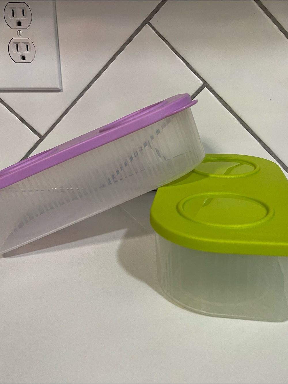 Tupperware Clear Food Containers with Purple and Green Lids